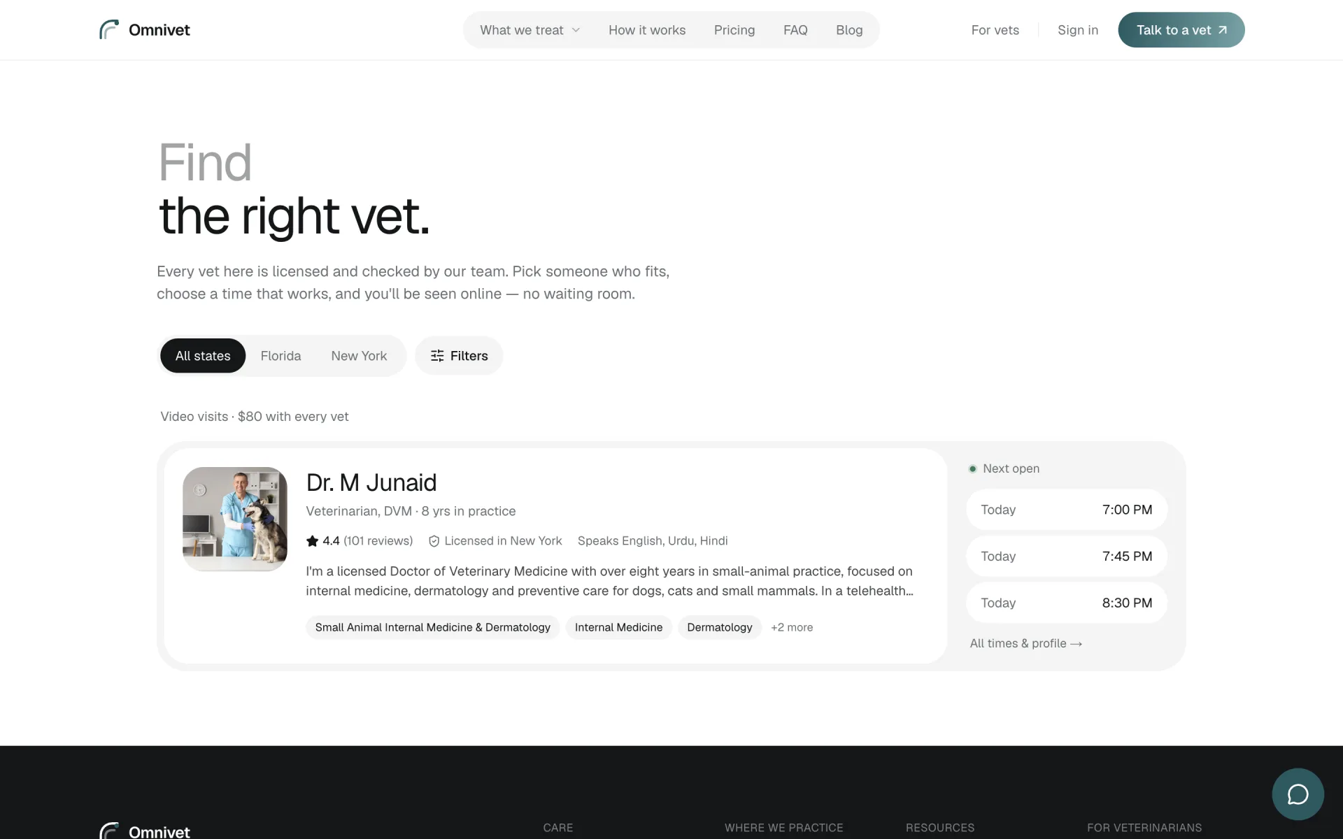 OmniVet veterinarian directory with state filters and a vet profile showing license, specialties and next open times.